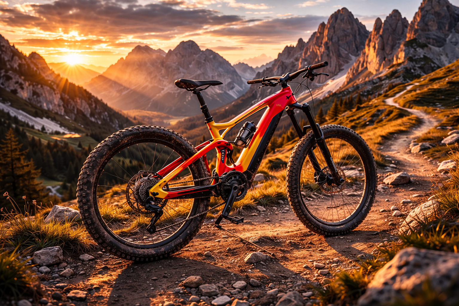 Bici pedalata assistita premium con motore centrale parcheggiata su un sentiero sterrato di montagna al tramonto.