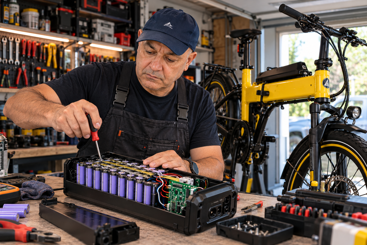 Mohamed Bourbiza durante la manutenzione della batteria di una bici elettrica