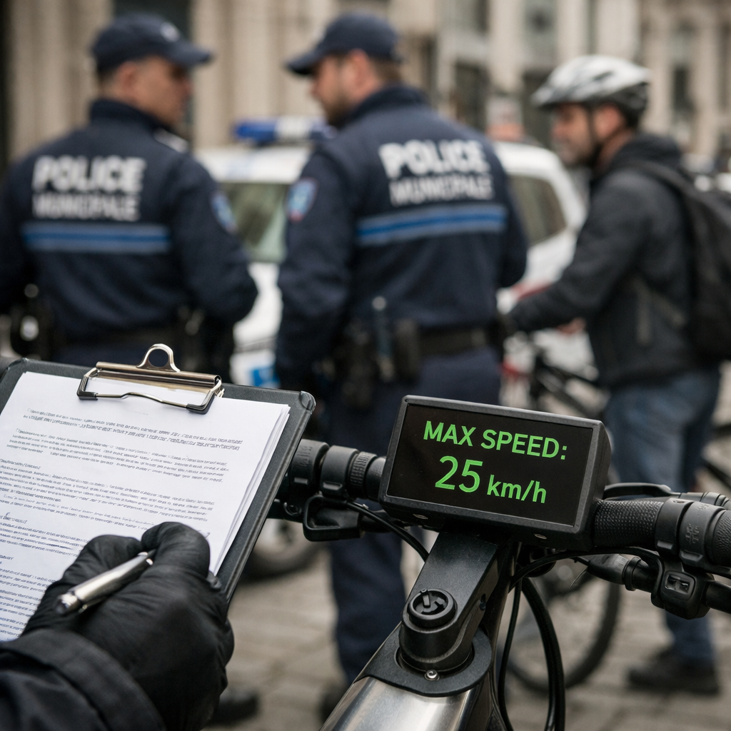 Controllo della polizia per verificare il rispetto delle nuove regole bici elettriche 2026 sui limiti di velocità e potenza.