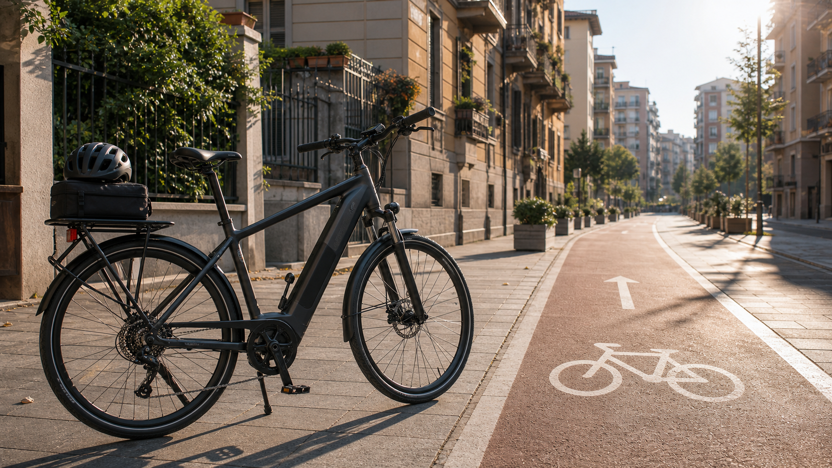 Bici elettrica urbana moderna su pista ciclabile per recensione e guida acquisto