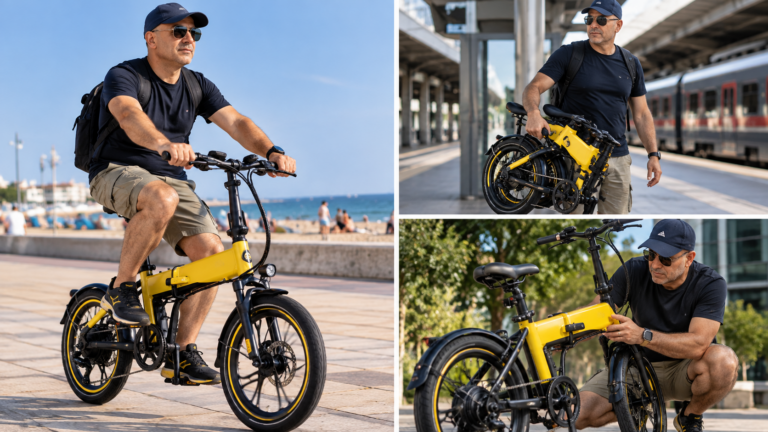 Mohamed Bourbiza con una bici elettrica pieghevole gialla in ambiente urbano