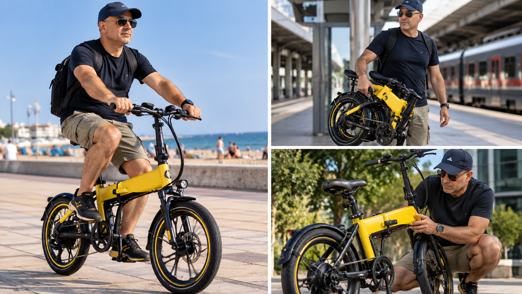 Mohamed Bourbiza con una bici elettrica pieghevole gialla in ambiente urbano
