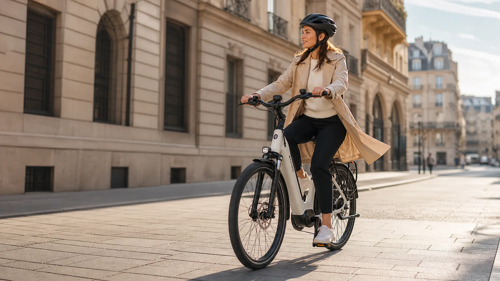 Donna elegante su bici elettrica moderna in ambiente urbano europeo