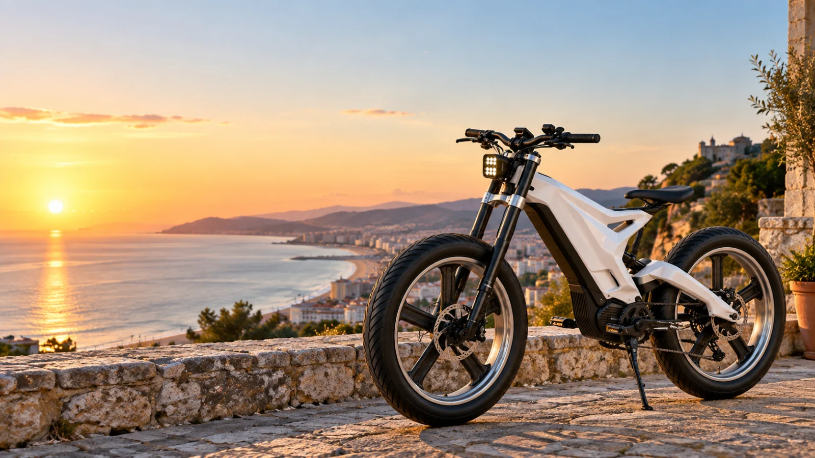 Bici elettrica fat bike bianca e nera parcheggiata su un belvedere al tramonto, con il mare sullo sfondo