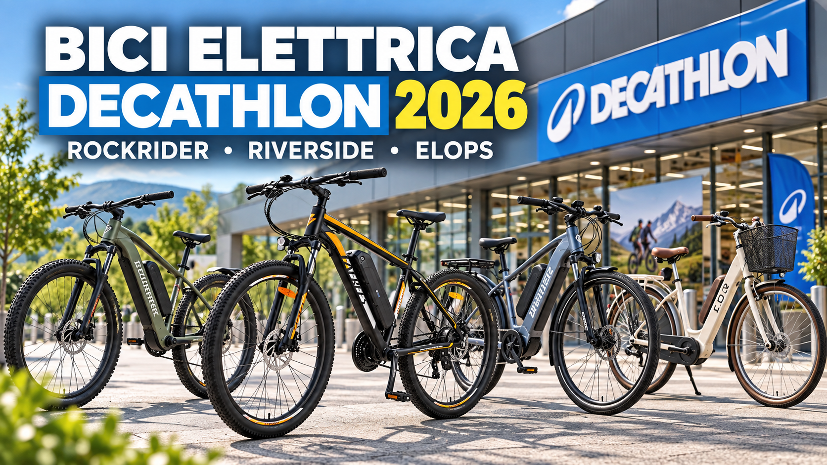 Bici elettriche Decathlon Rockrider ed Elops esposte davanti al negozio