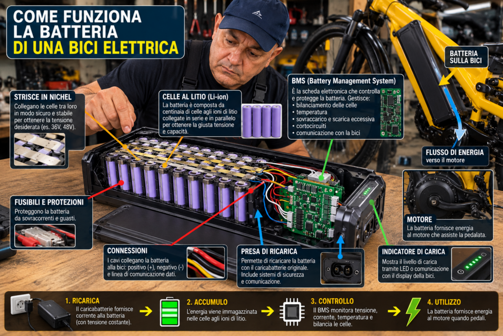 Infografica su come funziona la batteria di una bici elettrica: celle al litio, BMS, fusibili, connessioni e presa di ricarica