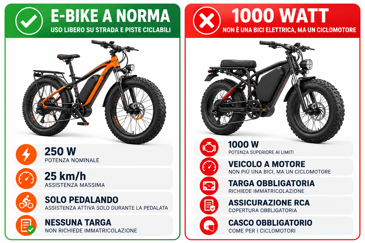 E-bike 250 W contro 1000 W: la normativa in Italia Confronto tra e-bike a norma da 250 W e bici elettrica da 1000 W secondo la normativa italiana