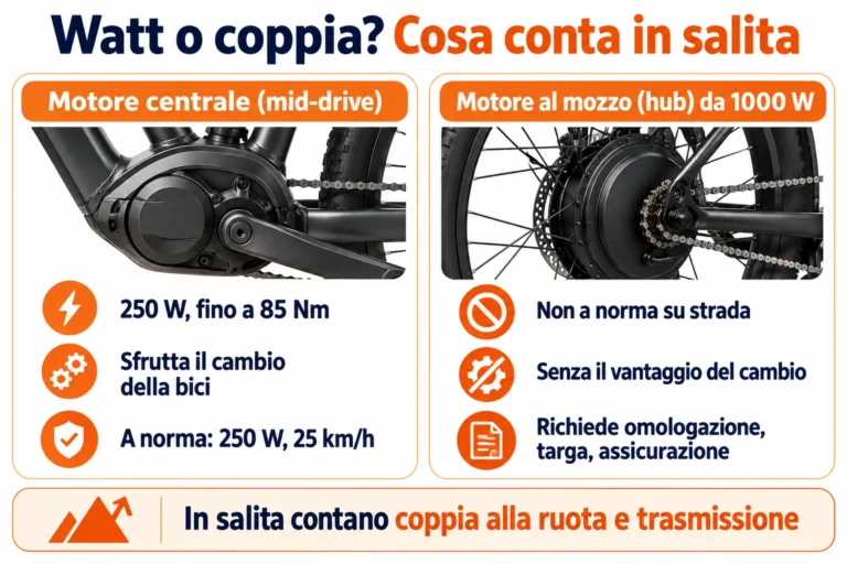 Watt o coppia in una e-bike: motore centrale da 250 W a norma contro motore al mozzo da 1000 W
