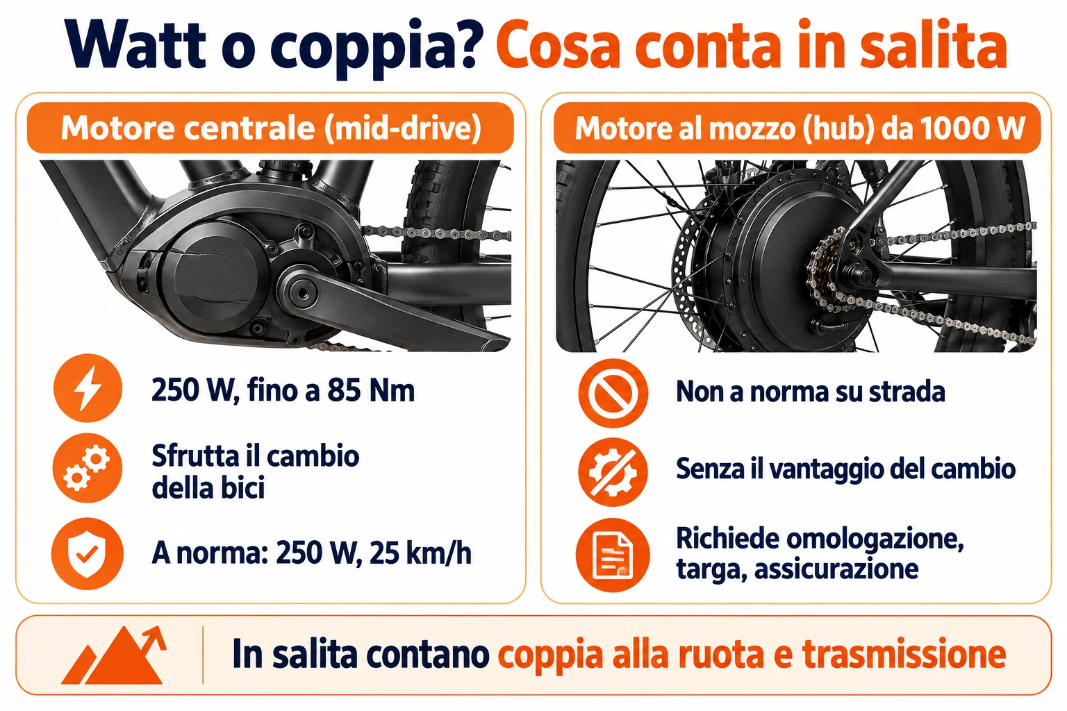 Watt o coppia in una e-bike: motore centrale da 250 W a norma contro motore al mozzo da 1000 W